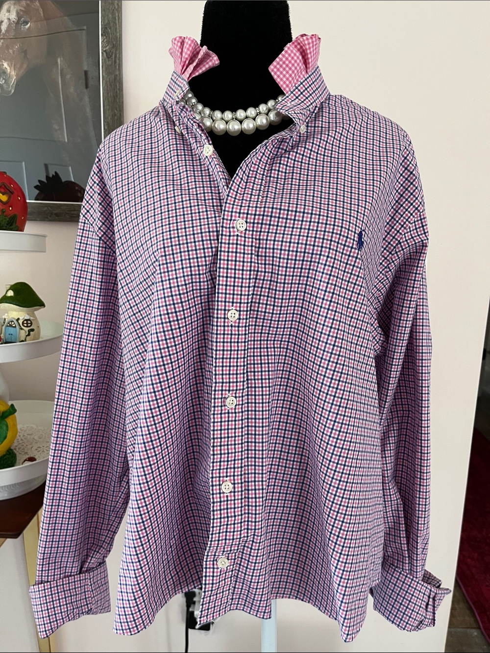 Reworked Ralph Lauren Pink and Blue Gingham Button-Down Ruffle Collar - Picture 9 of 9
